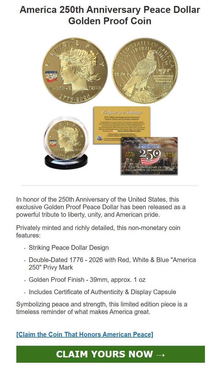 America 250th Anniversary Peace Dollar Golden Proof Coin